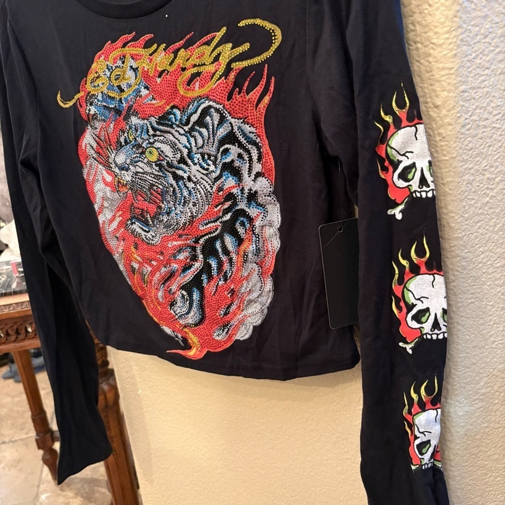 NWT~ED HARDY Black Tiger Skull Rhinestone Embellished Graphic Crop Top-Medium - Picture 3 of 7